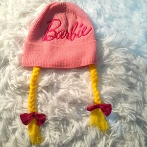 Knit Winter Barbie Hat With Long Braided straps with bows Barbie Large Logo New.